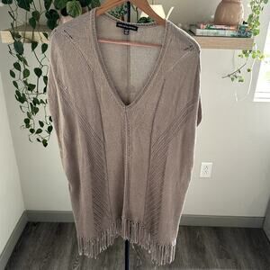 Saks Fifth Avenue M/L Tan Knit Fringe Hem Poncho Sweater Boho Chic
